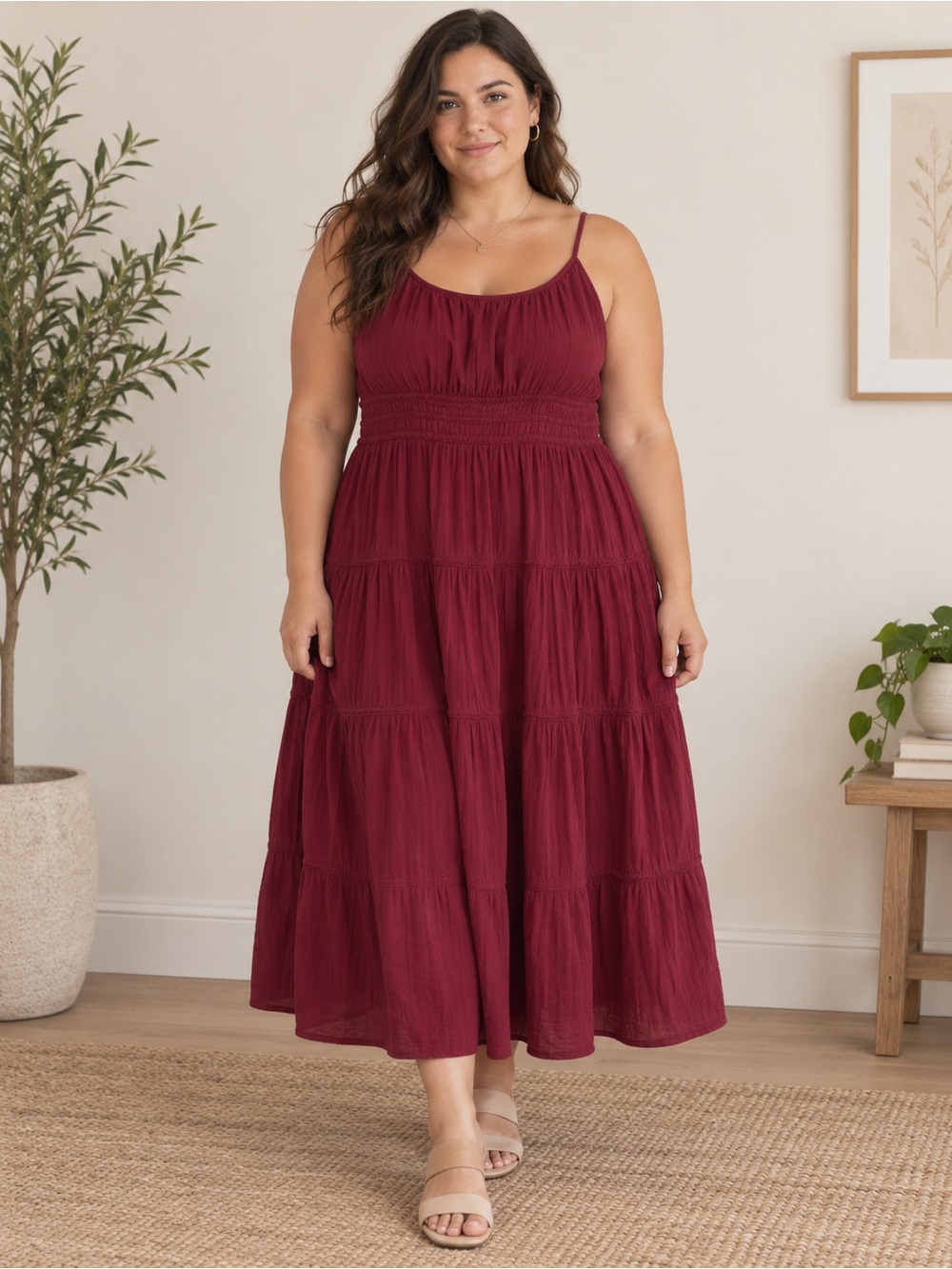 Old Navy Wine Red Tiered Maxi Dress with Spaghetti Straps